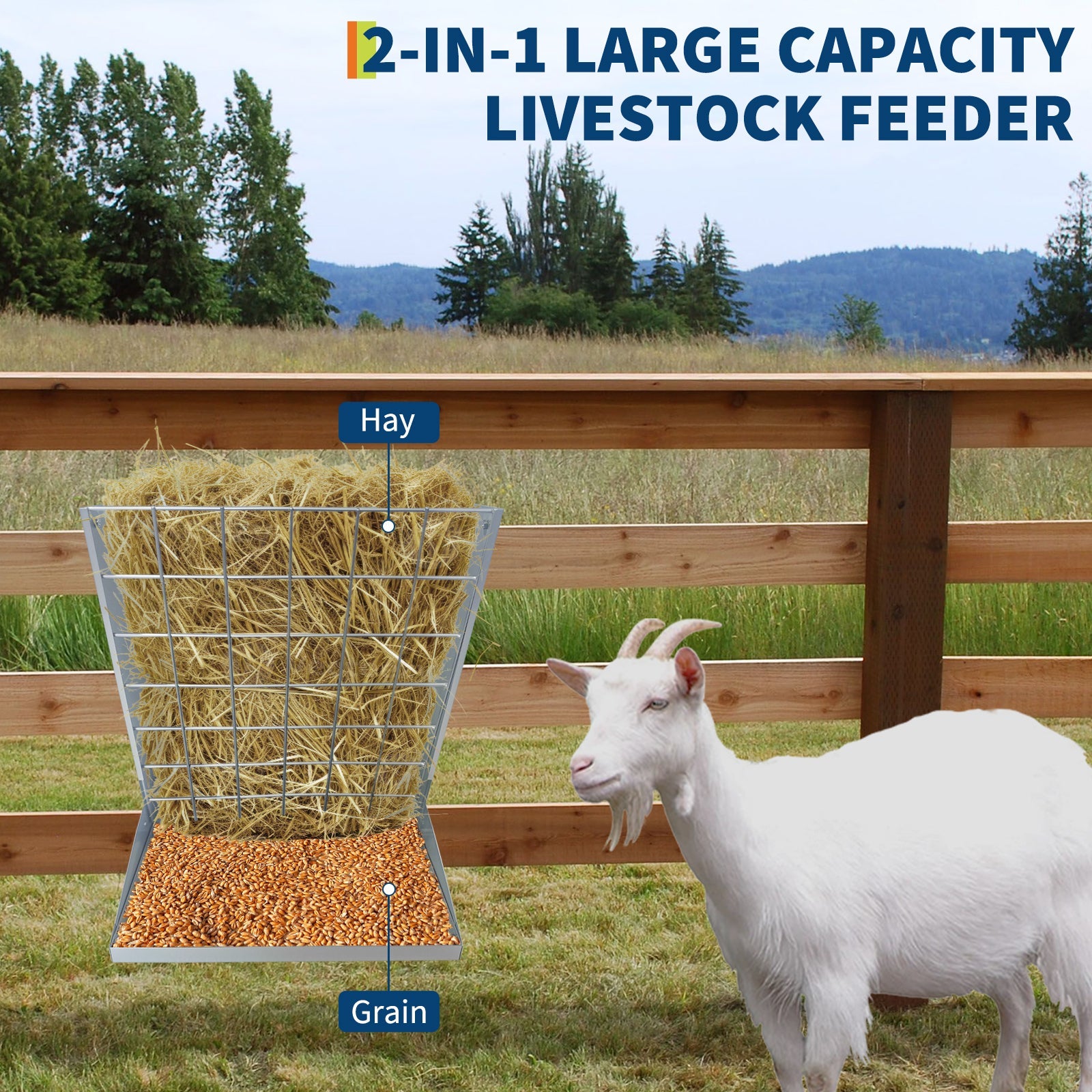Garvee 2-in-1 Hay Feeder, Wall Mount Hay Rack for Horses, Heavy Duty Steel Hanging Livestock Feeder for Small Goats Sheep Cattle, Easy Assembly, Silver