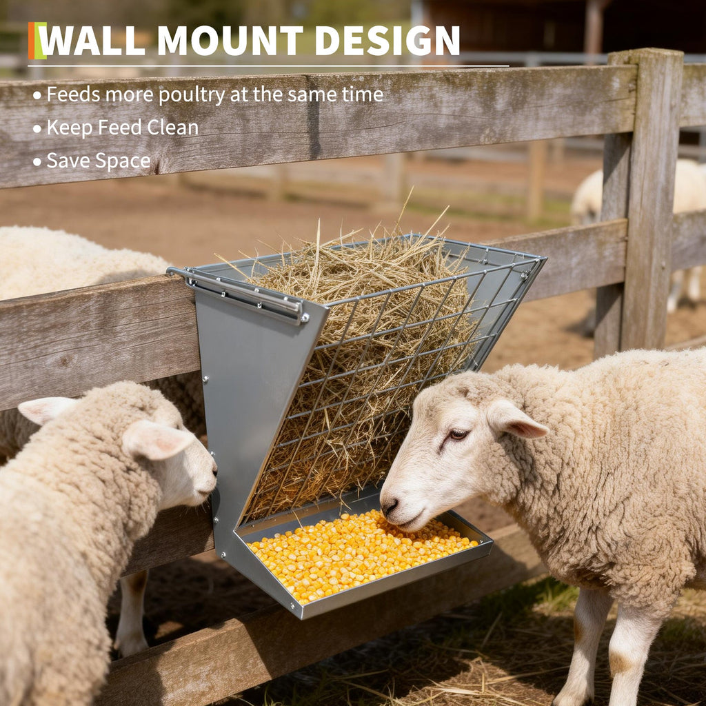 Garvee 2-in-1 Hay Feeder, Wall Mount Hay Rack for Horses, Heavy Duty Steel Hanging Livestock Feeder for Small Goats Sheep Cattle, Easy Assembly, Silver