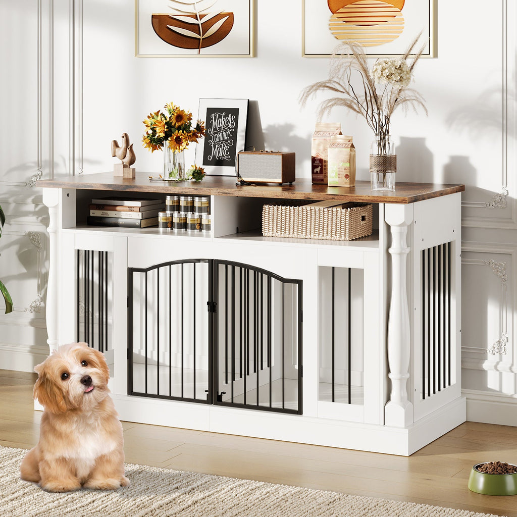 Garvee Roman Column 63 Inch Large Dog Crate Furniture for 2 Dogs with Open Storage, Heavy Duty Dog Kennel Entertainment Table TV Stand for Small and Medium Dogs