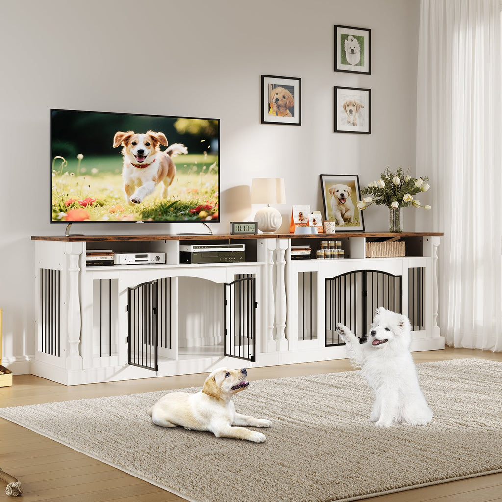Garvee Roman Column 63 Inch Large Dog Crate Furniture for 2 Dogs with Open Storage, Heavy Duty Dog Kennel Entertainment Table TV Stand for Small and Medium Dogs