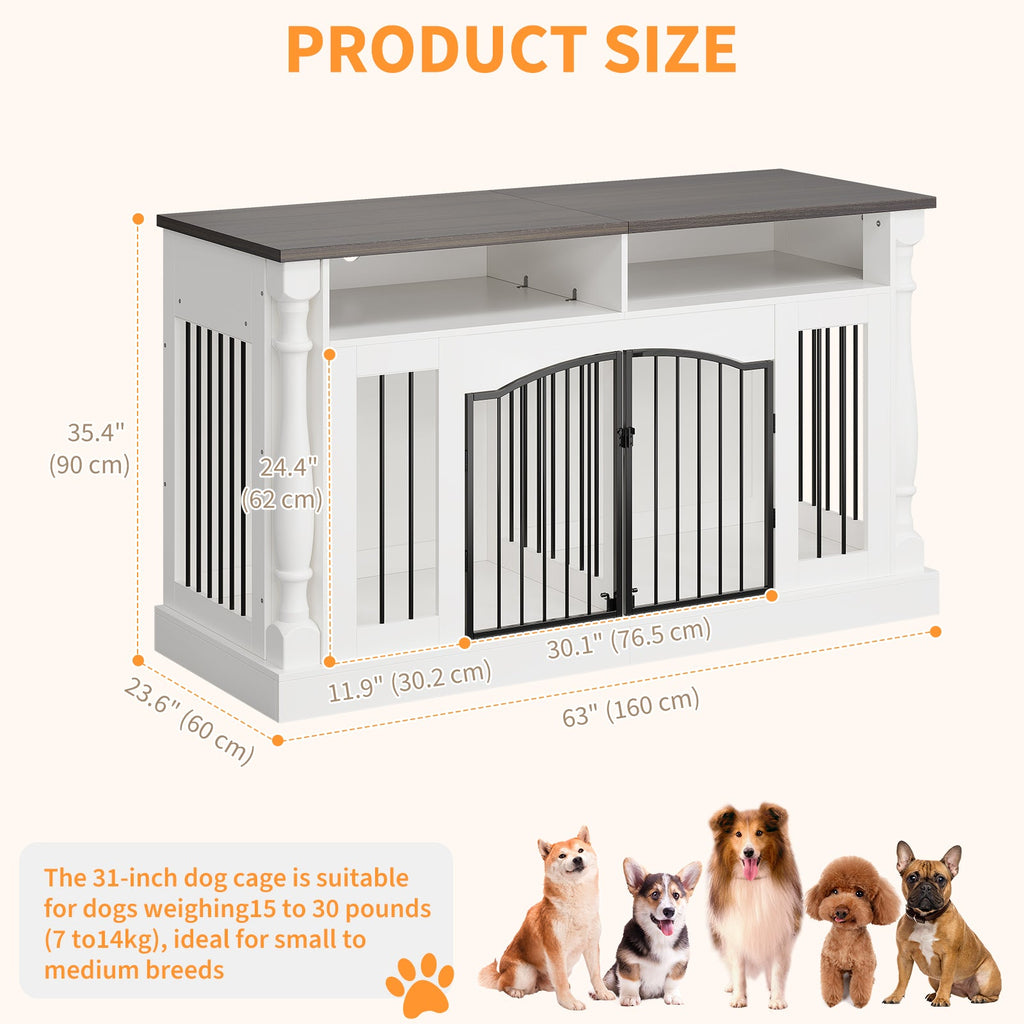 Garvee Roman Column 63 Inch Large Dog Crate Furniture for 2 Dogs with Open Storage, Heavy Duty Dog Kennel Entertainment Table TV Stand for Small and Medium Dogs, Dark Walnut Top