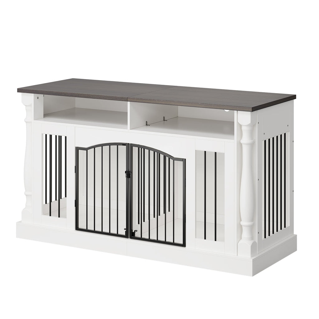Garvee Roman Column 63 Inch Large Dog Crate Furniture for 2 Dogs with Open Storage, Heavy Duty Dog Kennel Entertainment Table TV Stand for Small and Medium Dogs, Dark Walnut Top