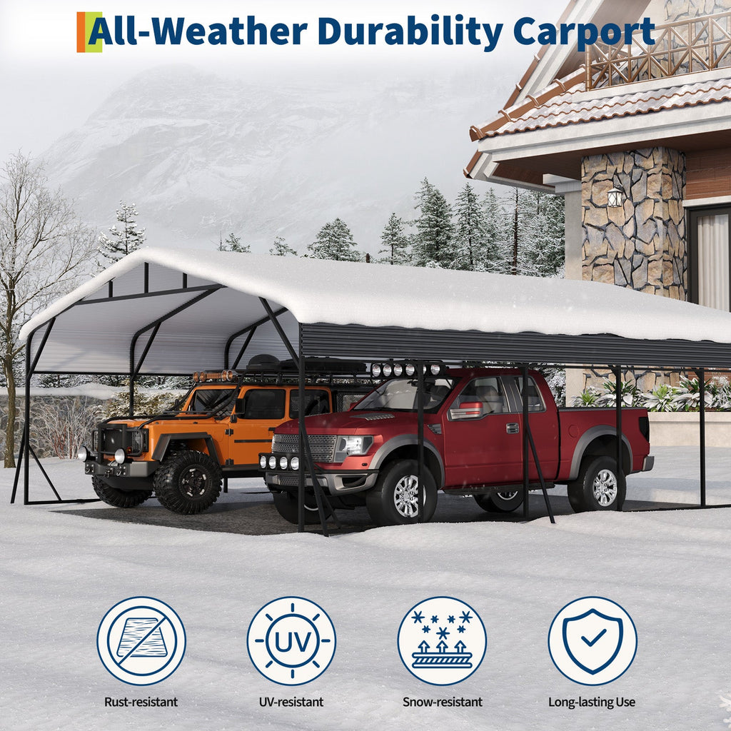 Garvee Heavy Duty Metal Carport 20x25 ft – Reinforced Base & Galvanized Steel Roof – Weather-Resistant Outdoor Car Shelter for SUV, Truck, Boat Storage – Gray