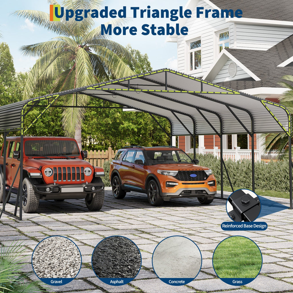 Garvee Heavy Duty 20x20 FT Metal Carport with Reinforced Base and Galvanized Steel Roof - Outdoor Weatherproof Garage Shelter Canopy for SUV, Truck, Boats - Grey