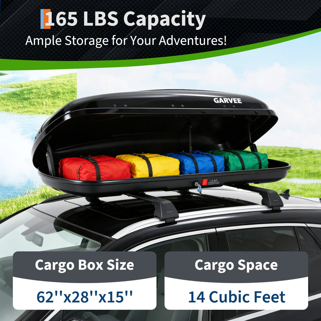 Garvee 62 Inch Rooftop Cargo Box Carrier Hard Shell Roof Rack Cargo Carrier for Cars and SUVs 14 Cubic Ft Waterproof Black Dual Side Opening