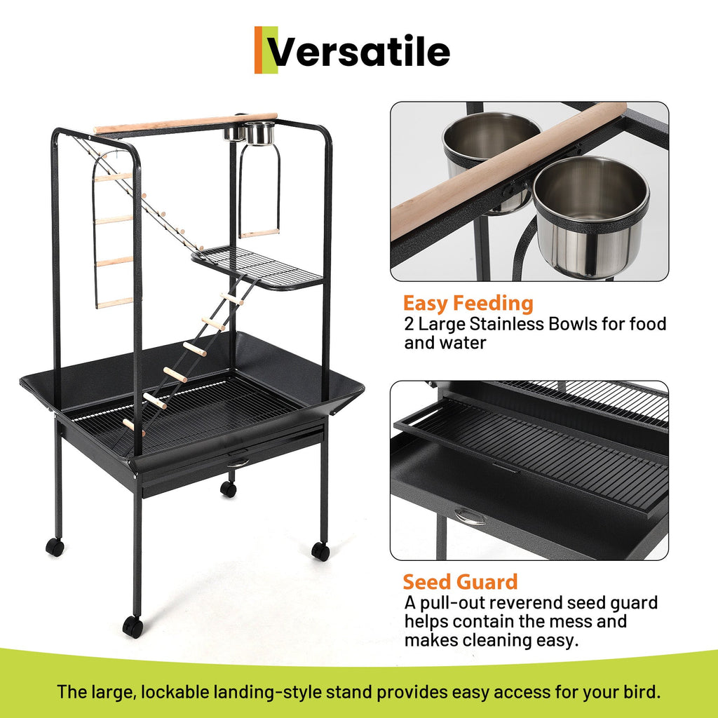 Garvee Parrot Playstand with Wheels, Bird Cage Stand Activity Play Center, Indoor Outdoor Playground, 23x33x66 Inches, Black Hammertone