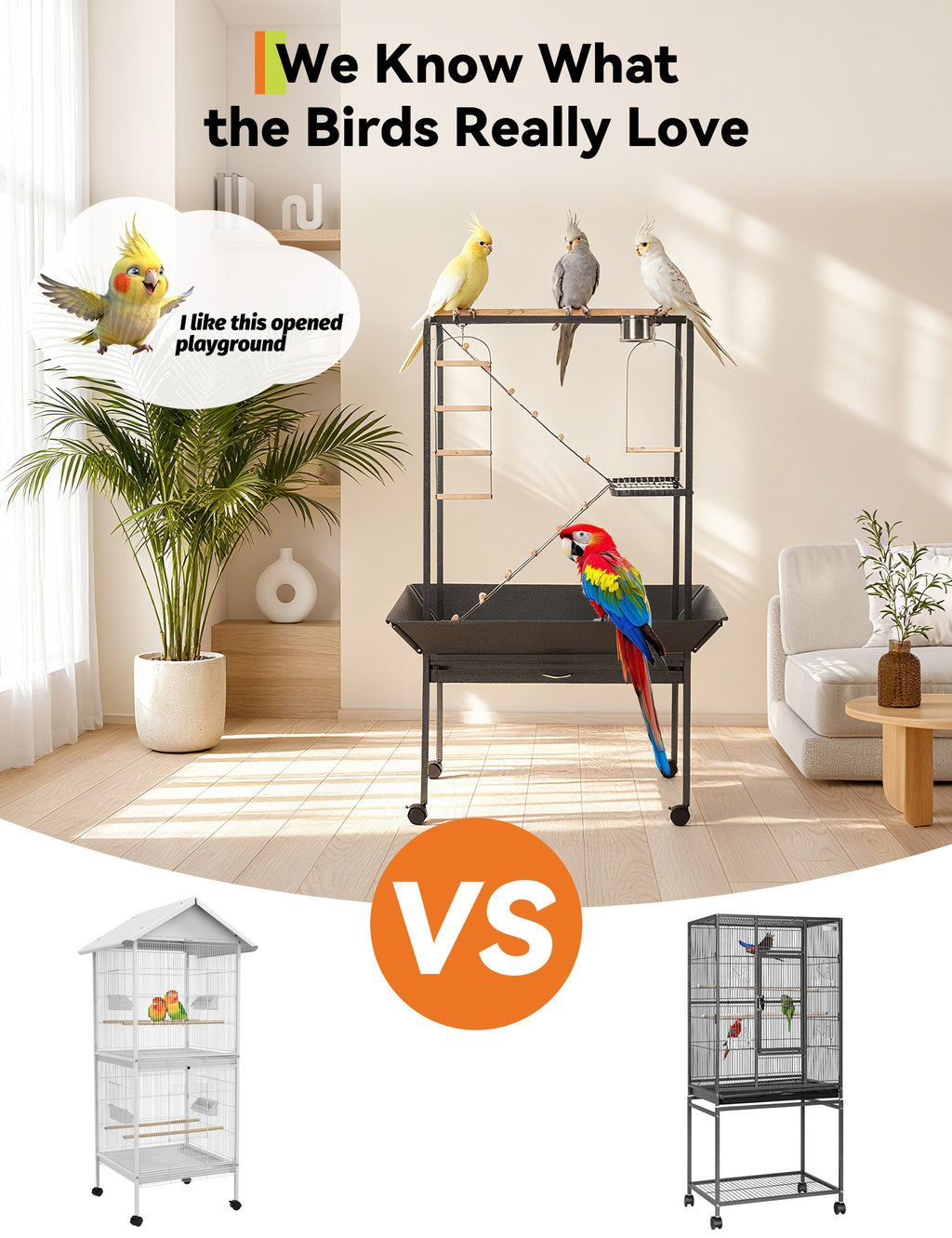 Garvee Parrot Playstand with Wheels, Bird Cage Stand Activity Play Center, Indoor Outdoor Playground, 23x33x66 Inches, Black Hammertone