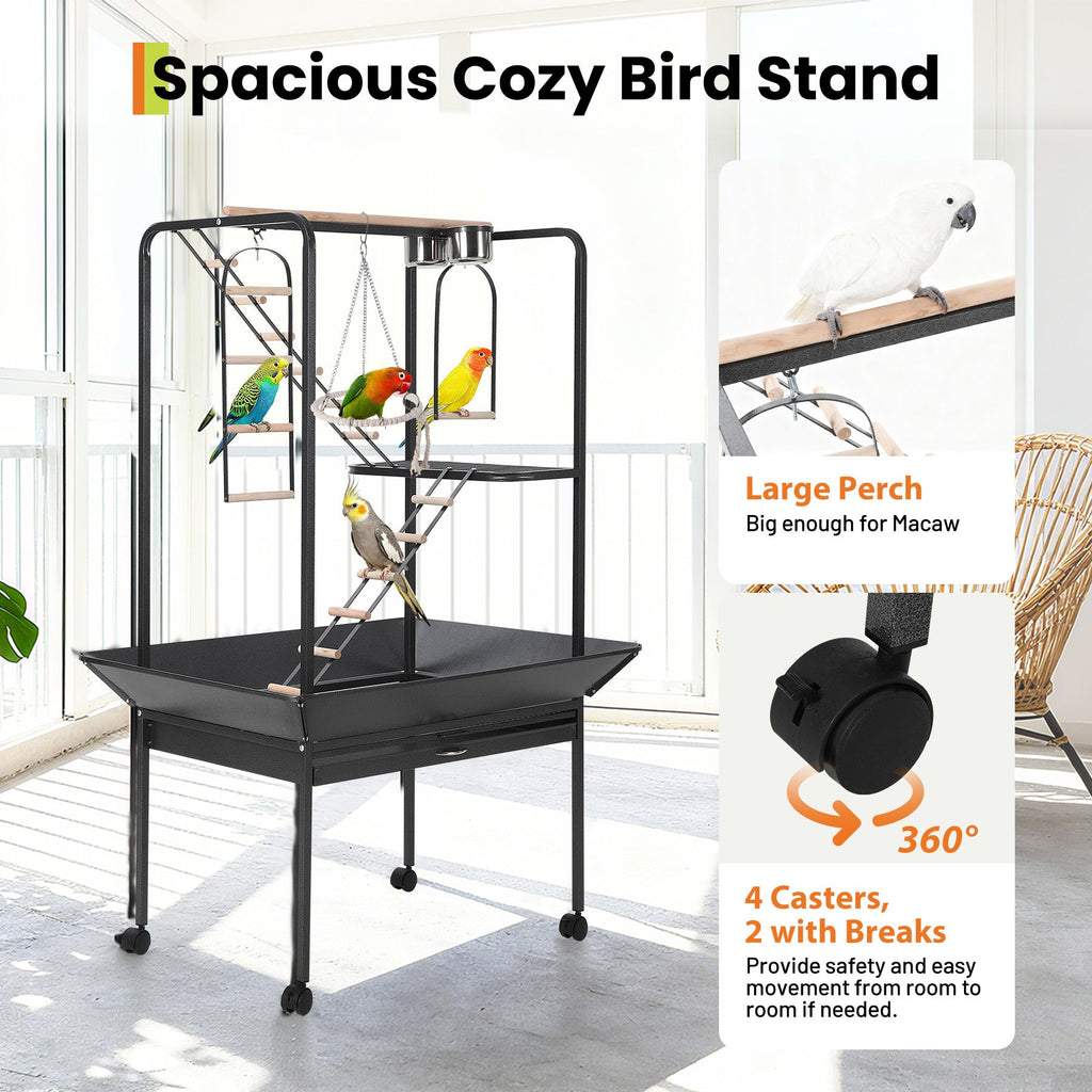 Garvee Parrot Playstand with Wheels, Bird Cage Stand Activity Play Center, Indoor Outdoor Playground, 23x33x66 Inches, Black Hammertone