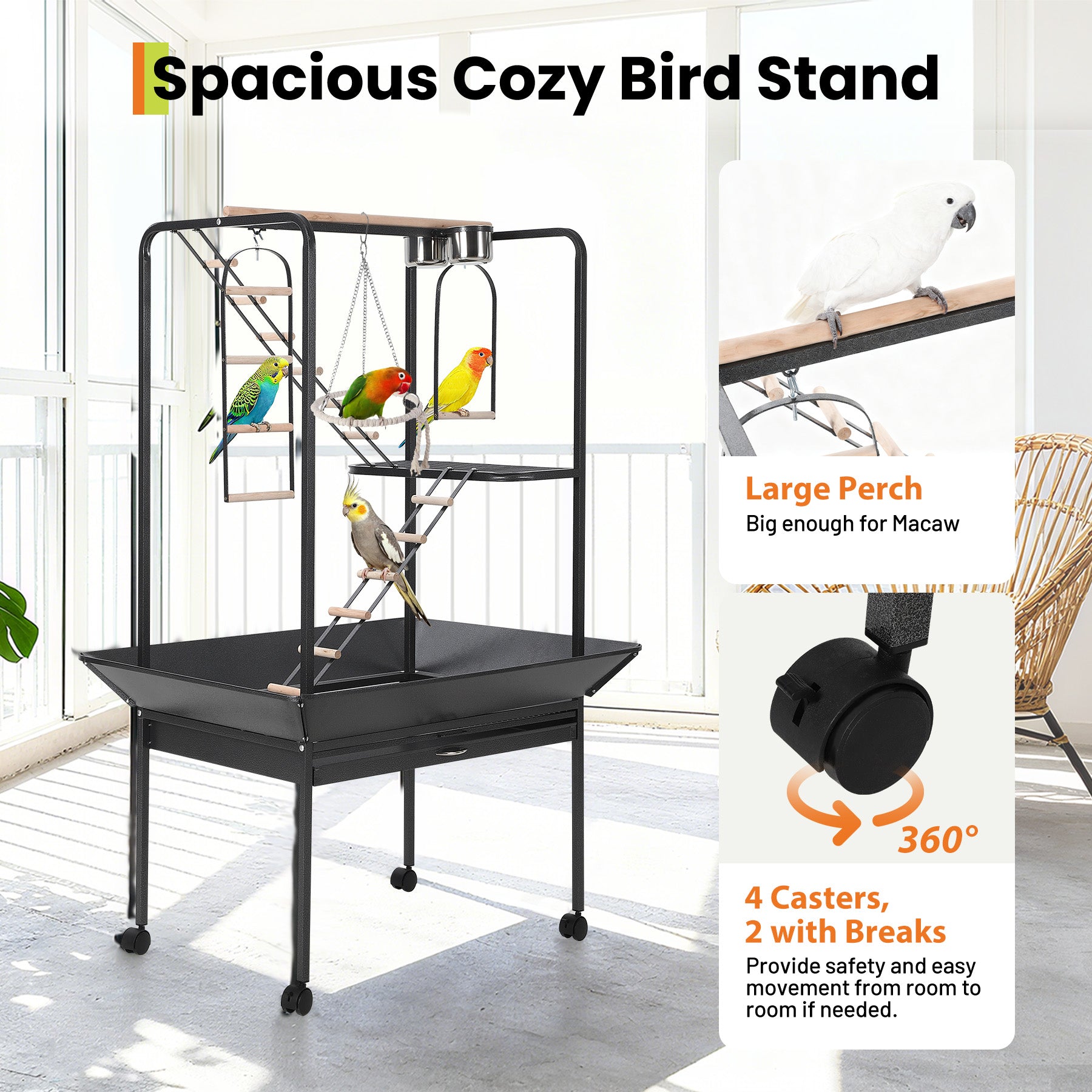 Garvee Parrot Playstand with Wheels, Bird Cage Stand Activity Play Center, Indoor Outdoor Playground, 23x33x66 Inches, Black Hammertone