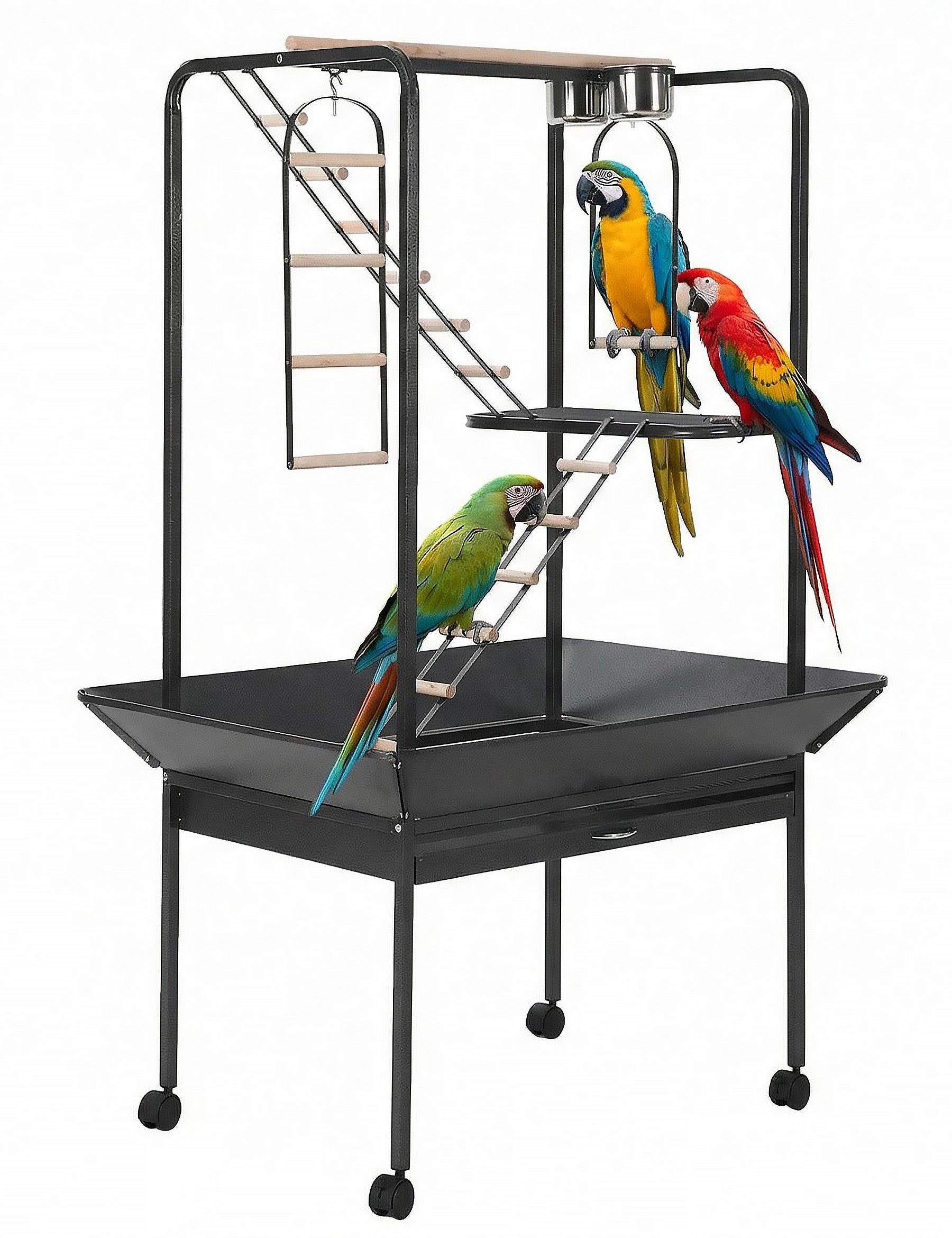 Garvee Parrot Playstand with Wheels, Bird Cage Stand Activity Play Center, Indoor Outdoor Playground, 23x33x66 Inches, Black Hammertone