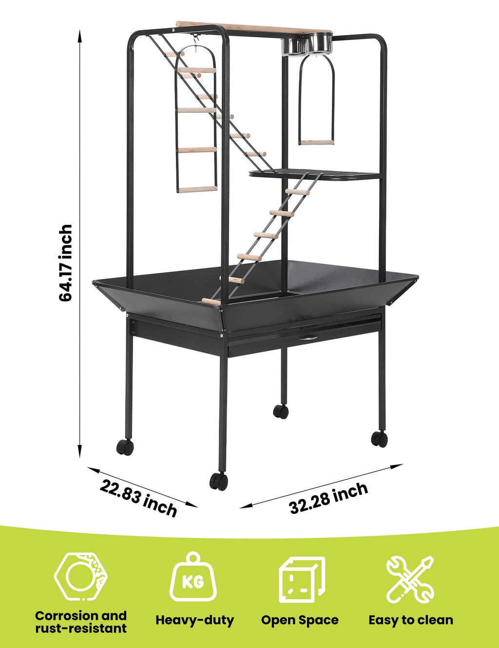 Garvee Parrot Playstand with Wheels, Bird Cage Stand Activity Play Center, Indoor Outdoor Playground, 23x33x66 Inches, Black Hammertone