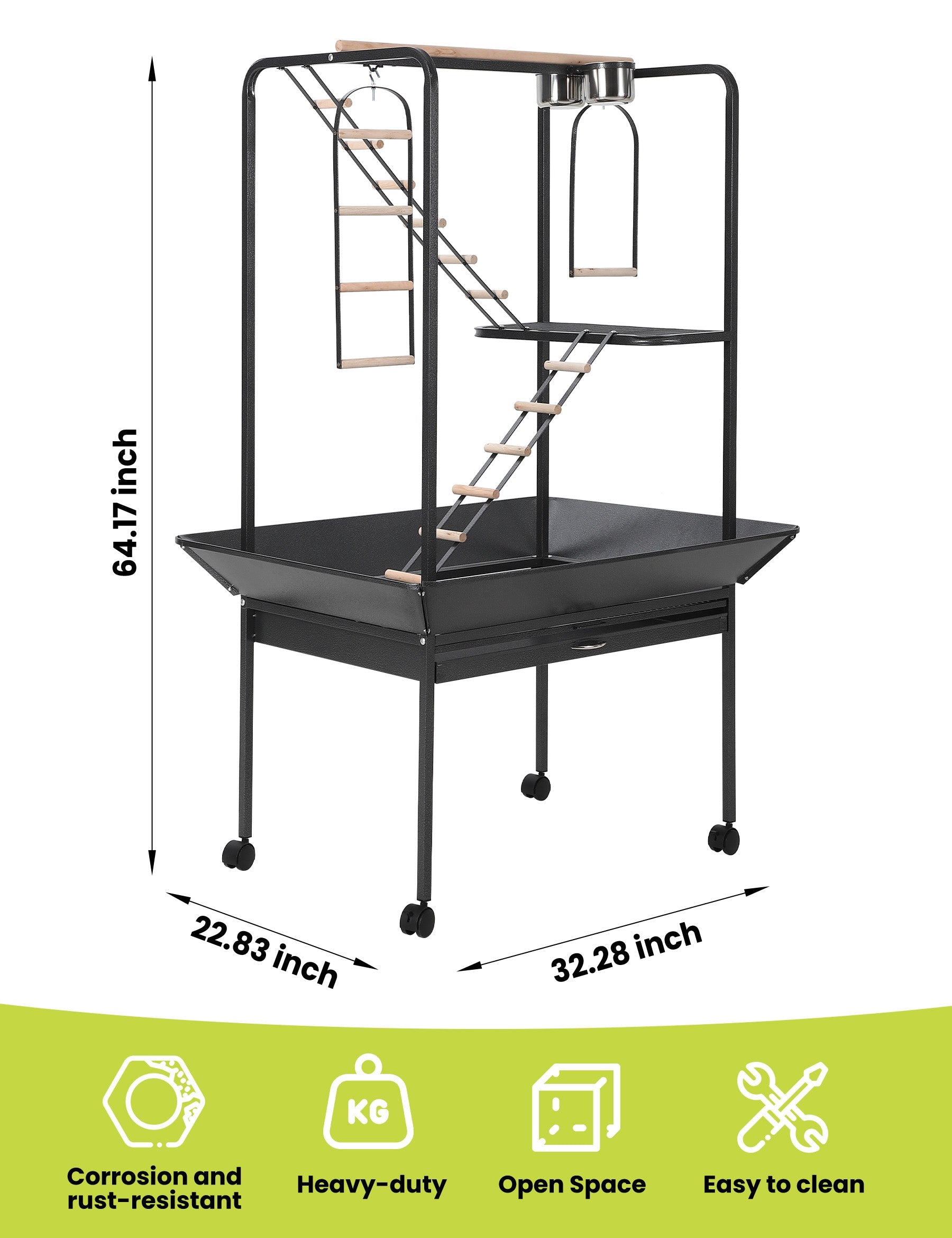 Garvee Parrot Playstand with Wheels, Bird Cage Stand Activity Play Center, Indoor Outdoor Playground, 23x33x66 Inches, Black Hammertone