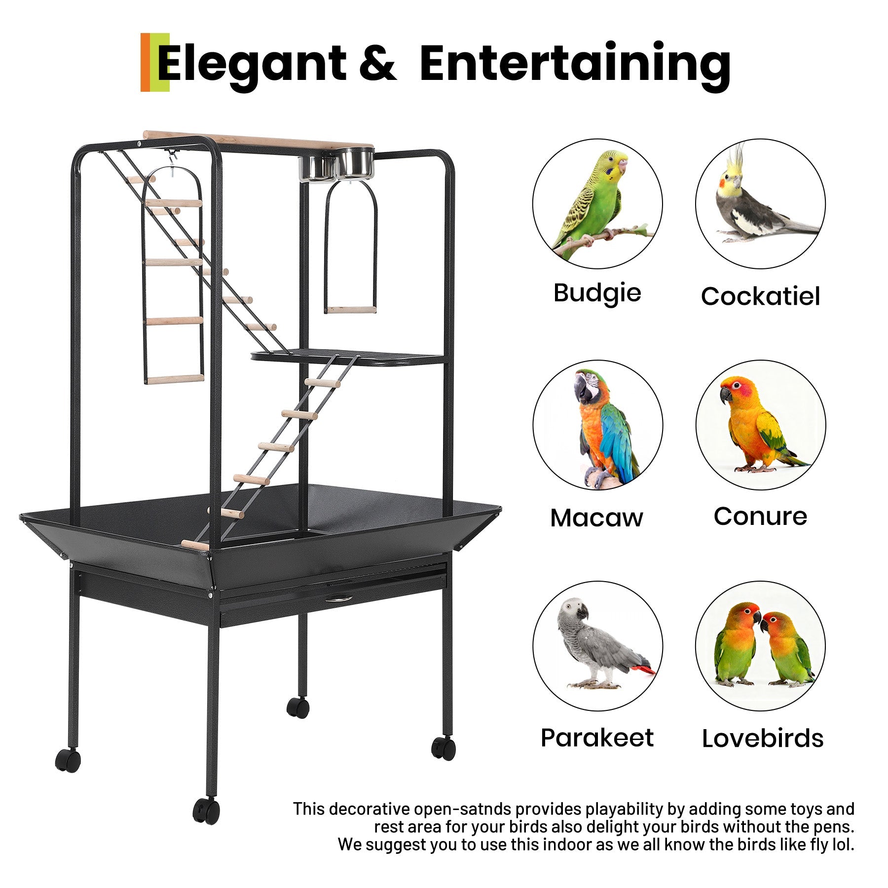 Garvee Parrot Playstand with Wheels, Bird Cage Stand Activity Play Center, Indoor Outdoor Playground, 23x33x66 Inches, Black Hammertone