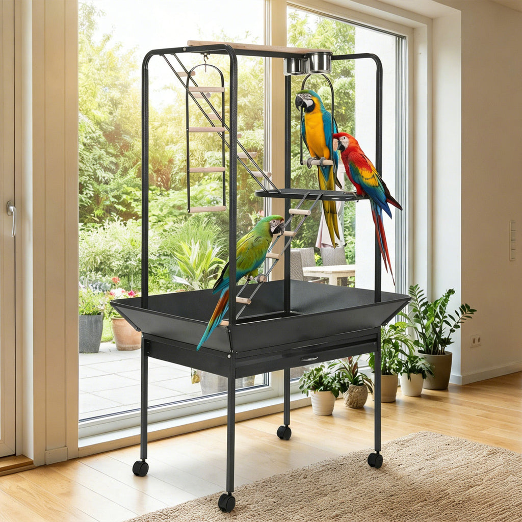 Garvee Parrot Playstand with Wheels, Bird Cage Stand Activity Play Center, Indoor Outdoor Playground, 23x33x66 Inches, Black Hammertone