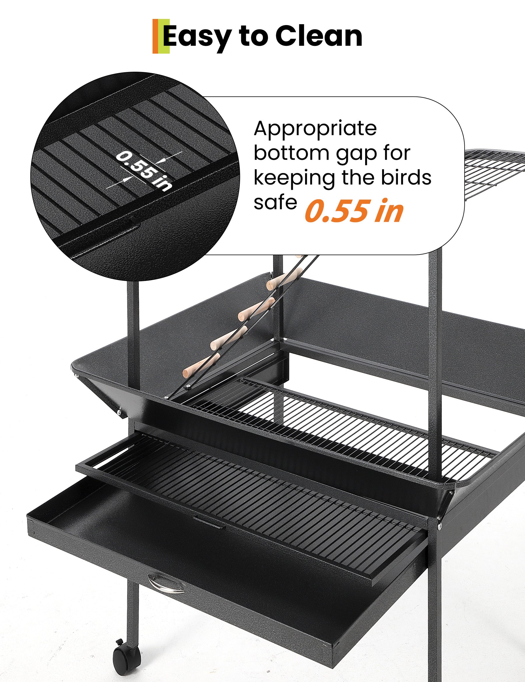 Garvee Parrot Playstand with Wheels, Bird Cage Stand Activity Play Center, Indoor Outdoor Playground, 23x33x66 Inches, Black Hammertone