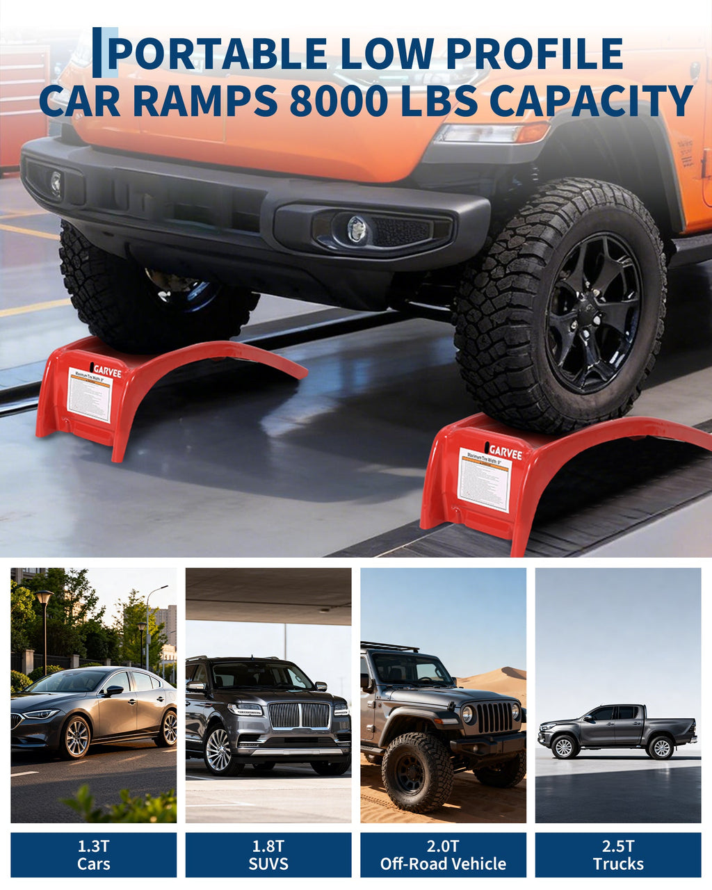 Garvee 8 Inch Lift Solid Steel Car Ramps, Heavy Duty Auto Truck Ramps for Oil Change and Car Repair, 2 Pack Red, 8000 LBS Capacity
