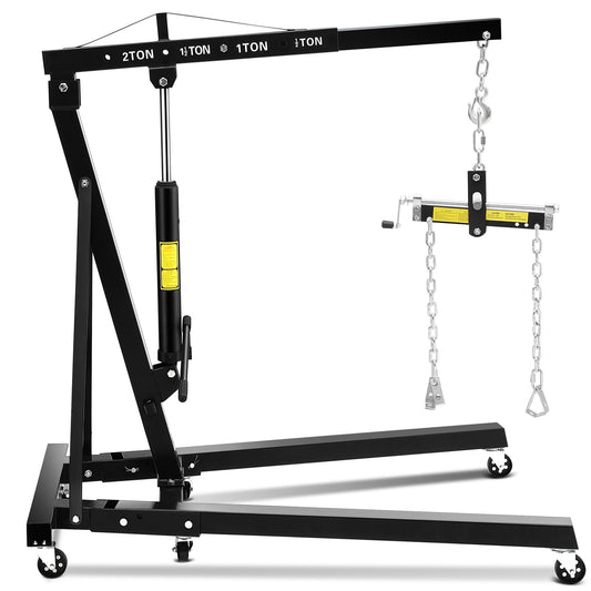 Garvee 2-Ton Folding Hydraulic Engine Hoist - Heavy-Duty Engine Crane with Leveler, Telescopic Boom, and 6 Casters for Garage, Workshop, and Warehouse, Black