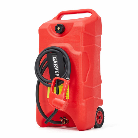 Garvee Upgraded 16 Gallon Gas Tank, Heavy-Duty Fuel Can with Manual Transfer Pump, 10FT Hose, and Casters, Leak-Proof Portable Gas Container for Lawn Mowers, Tractors, Boats, and Snow Blowers, Red