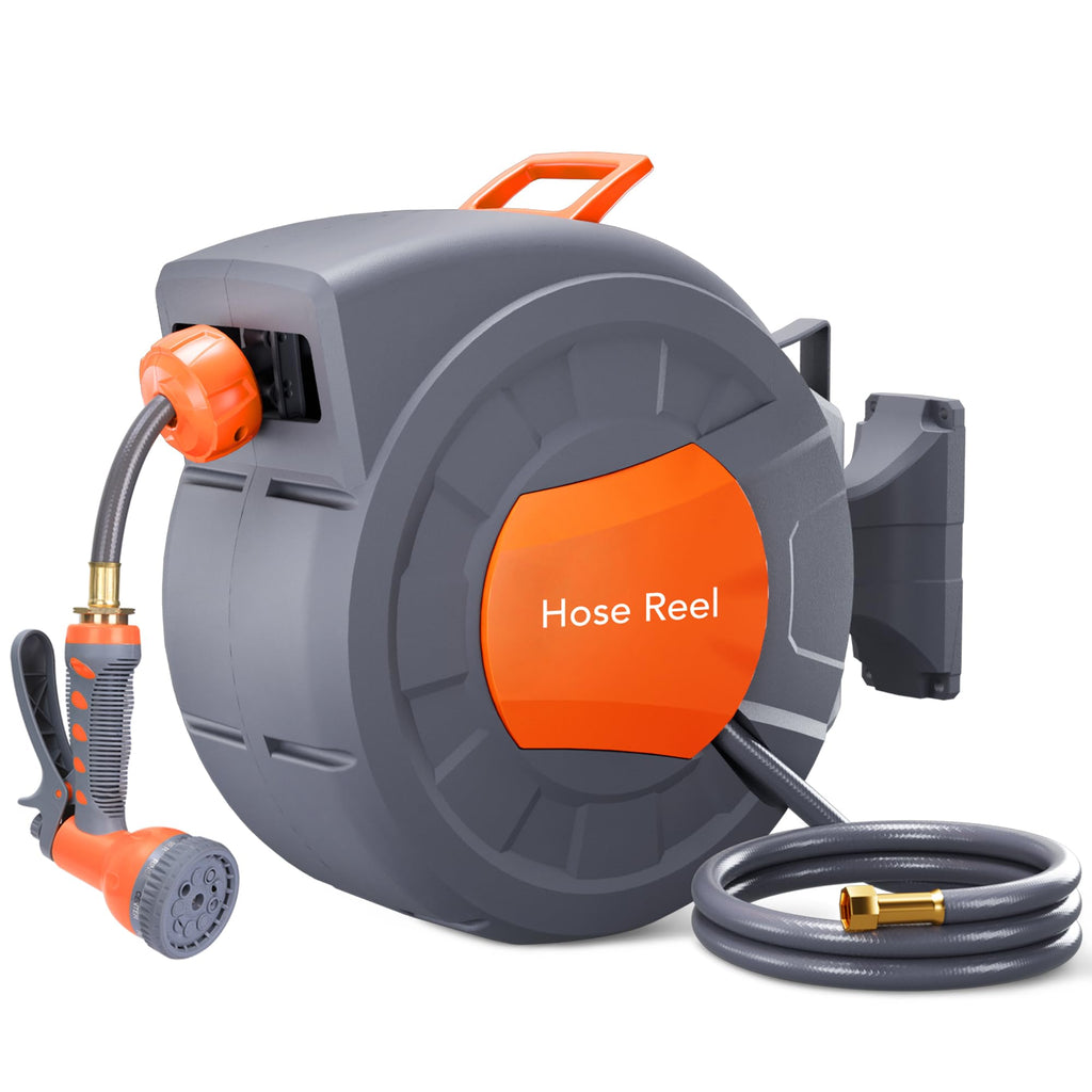 Garvee 1/2 in × 100 ft Retractable Garden Hose Reel, Wall Mount Auto Rewind, 9-Pattern Nozzle