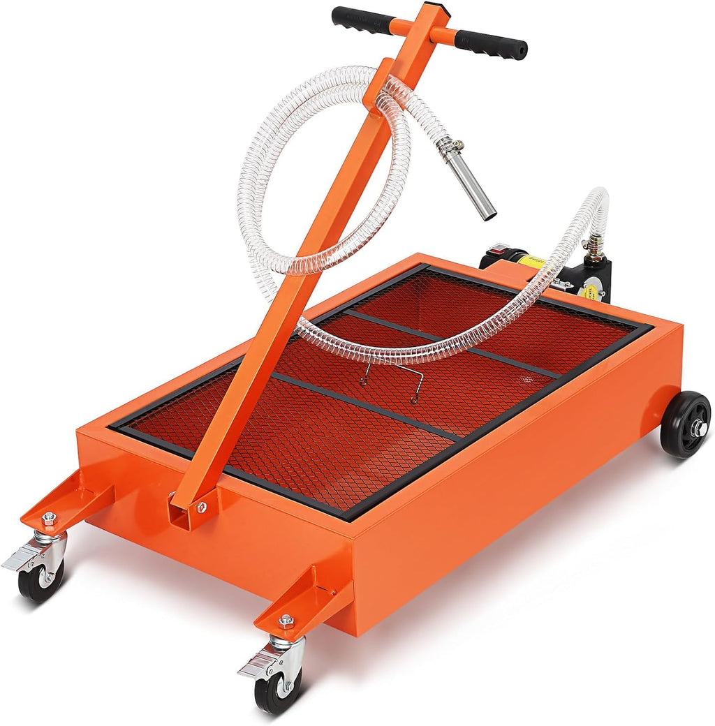 Garvee Waste Oil Drain Pan 17 Gallon Capacity Electric Pump Steel Low Profile Folding Handle 8 Ft Hose for Trucks RVs Buses