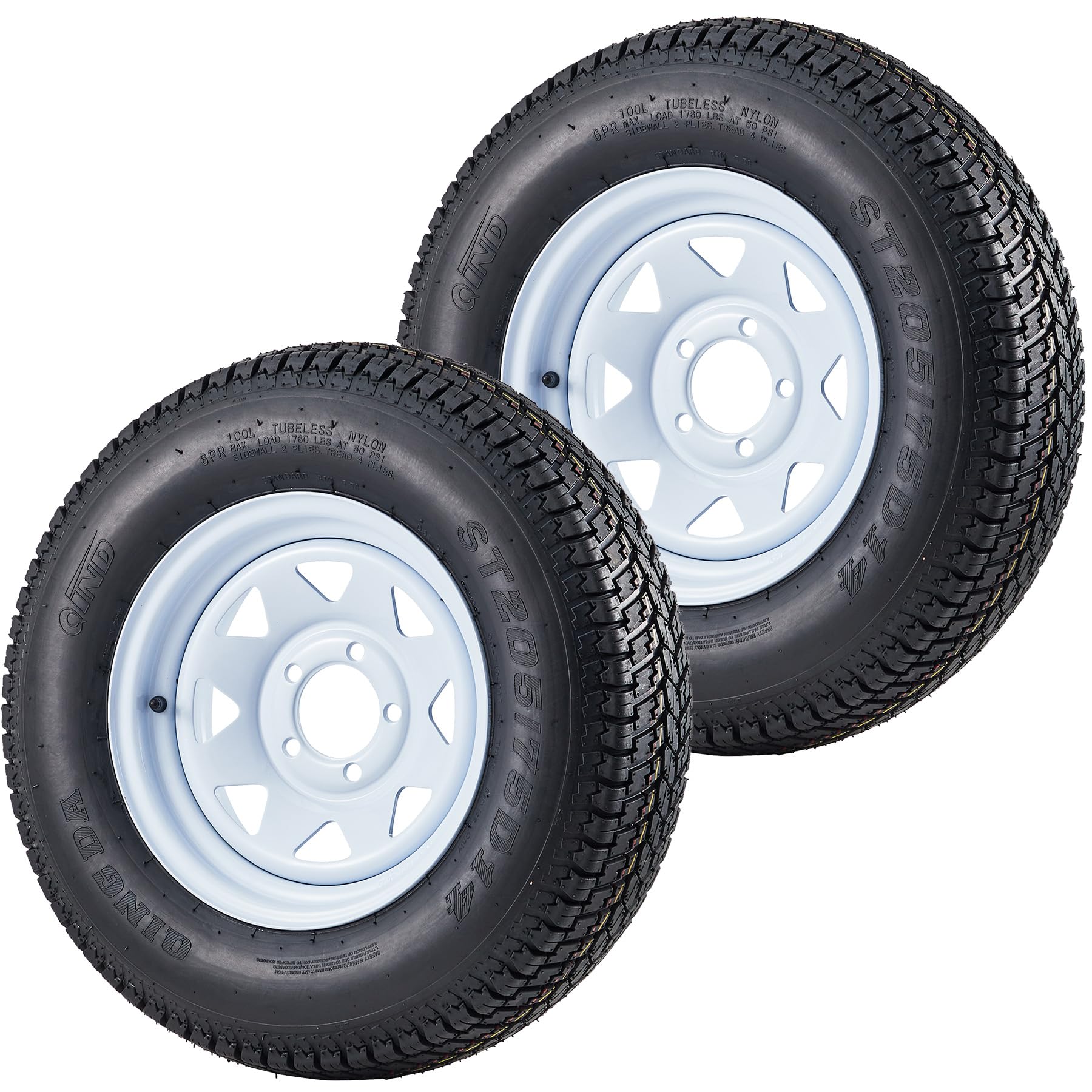 Garvee ST205/75D14 Trailer Tires, Set of 2, Load Range C 6PLY, 14" White Spoke Rims, Max Load 1760 LBS, 5 Lug on 4.5", Durable All-Terrain Design for Utility & Boat Trailers