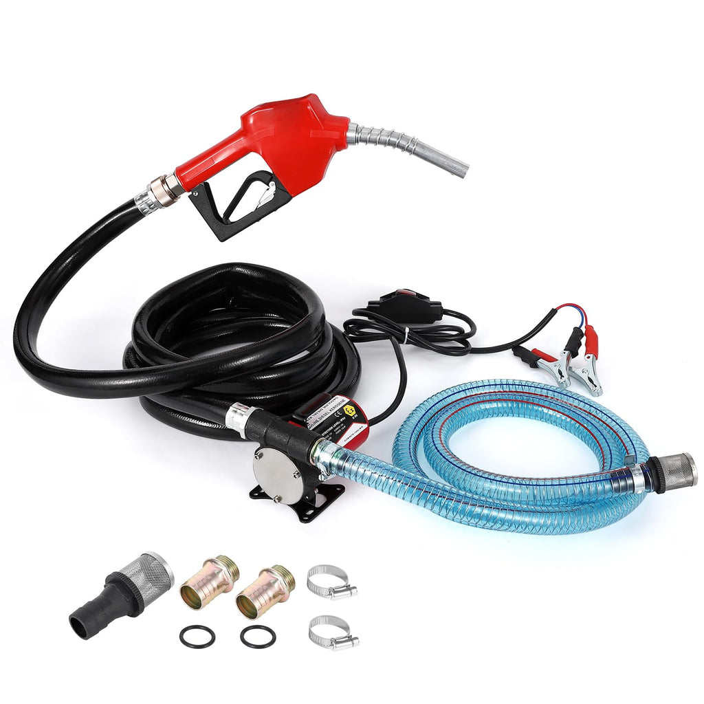 Garvee Fuel Transfer Pump DC 12V Diesel Transfer Pump with Nozzle Hose Cast Iron Gasoline Transfer Pump, 8GPM, Overheating Stability, Applicable to Gasoline, Diesel, Black