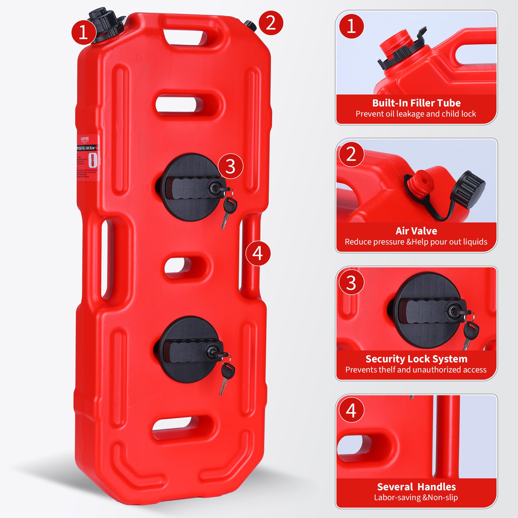 Garvee Heavy-Duty 20L Portable Gas Can for Car, Motorcycle, ATV, UTV – HDPE Fuel Tank with Locking Mounting Bracket, Key Lock, U-Bolt for 1" Tube – Off-Road, US Market, Lockable