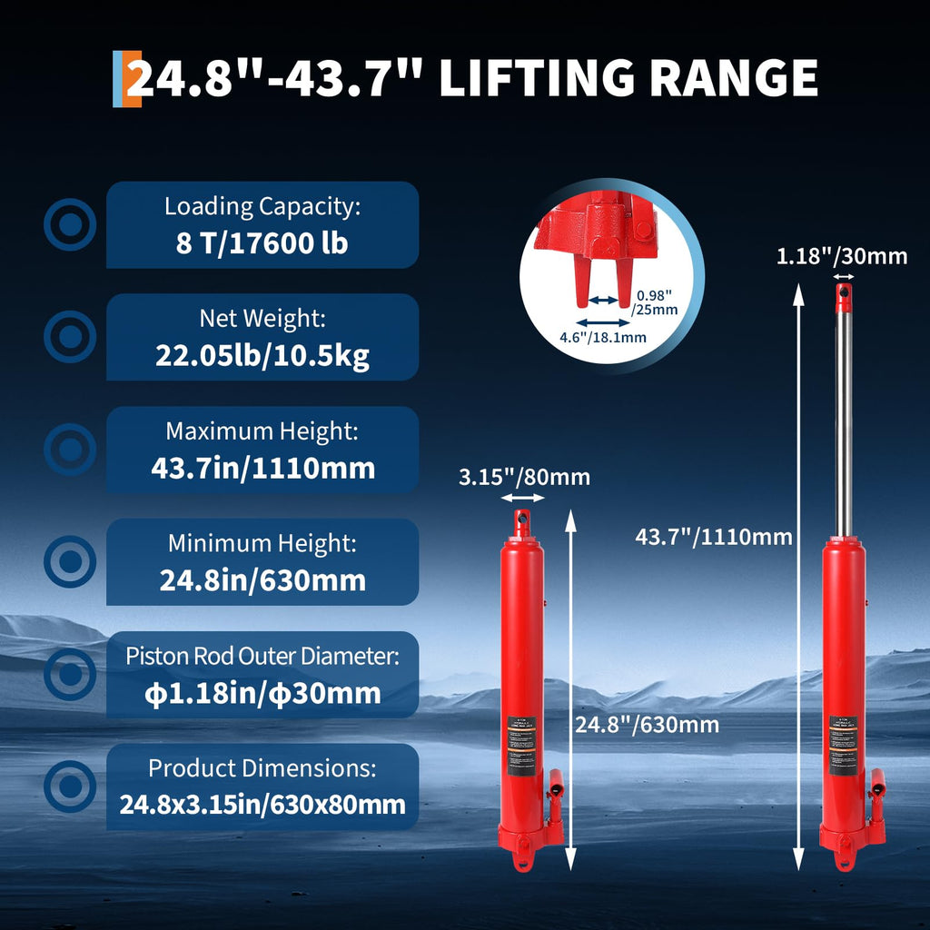 Garvee 8 Ton Hydraulic Long Ram Jack with Single Piston Pump & Clevis Base for Engine Hoists, Garage Cranes, Farm Use, Adjustable 24.8"-43.7", Heavy Duty Steel