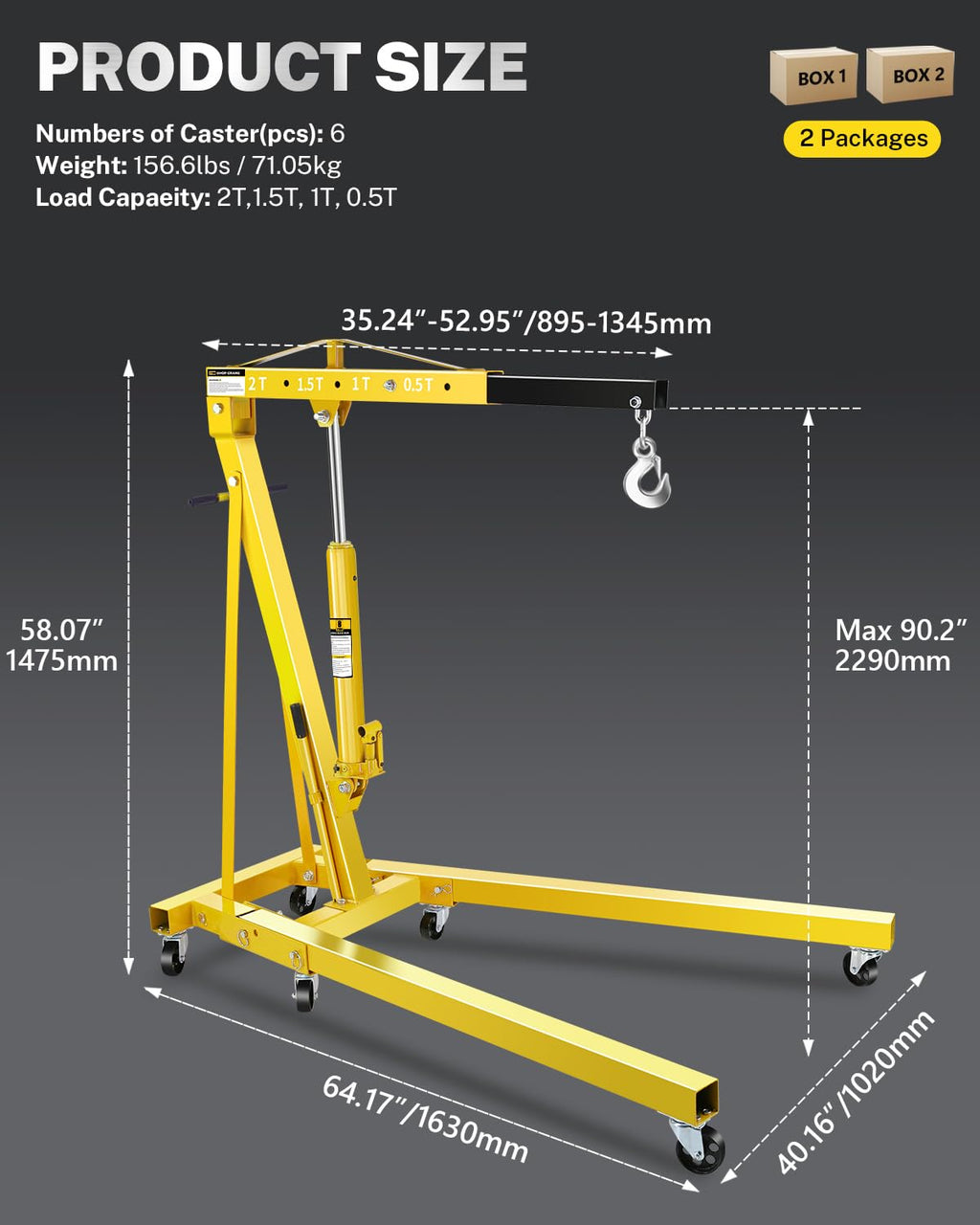 Garvee 2-Ton Folding Engine Hoist Hydraulic Crane with 6 Swivel Wheels Adjustable Boom Reinforced Steel Rust-Resistant Portable Garage Workshop Yellow