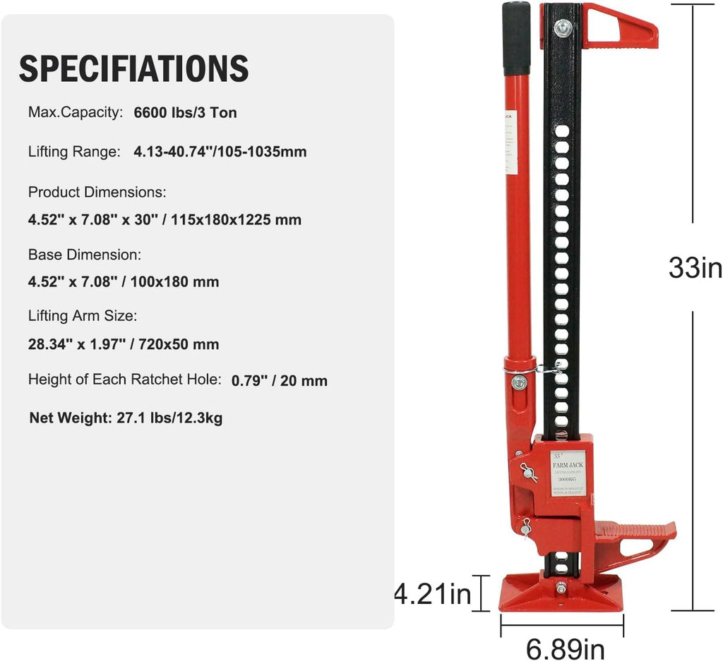 Garvee 33" Farm Jack Heavy-Duty 6600 LBS Load Capacity Cast Iron & Steel Serrated Base Off-Road Tractor Truck SUV ATV Lift