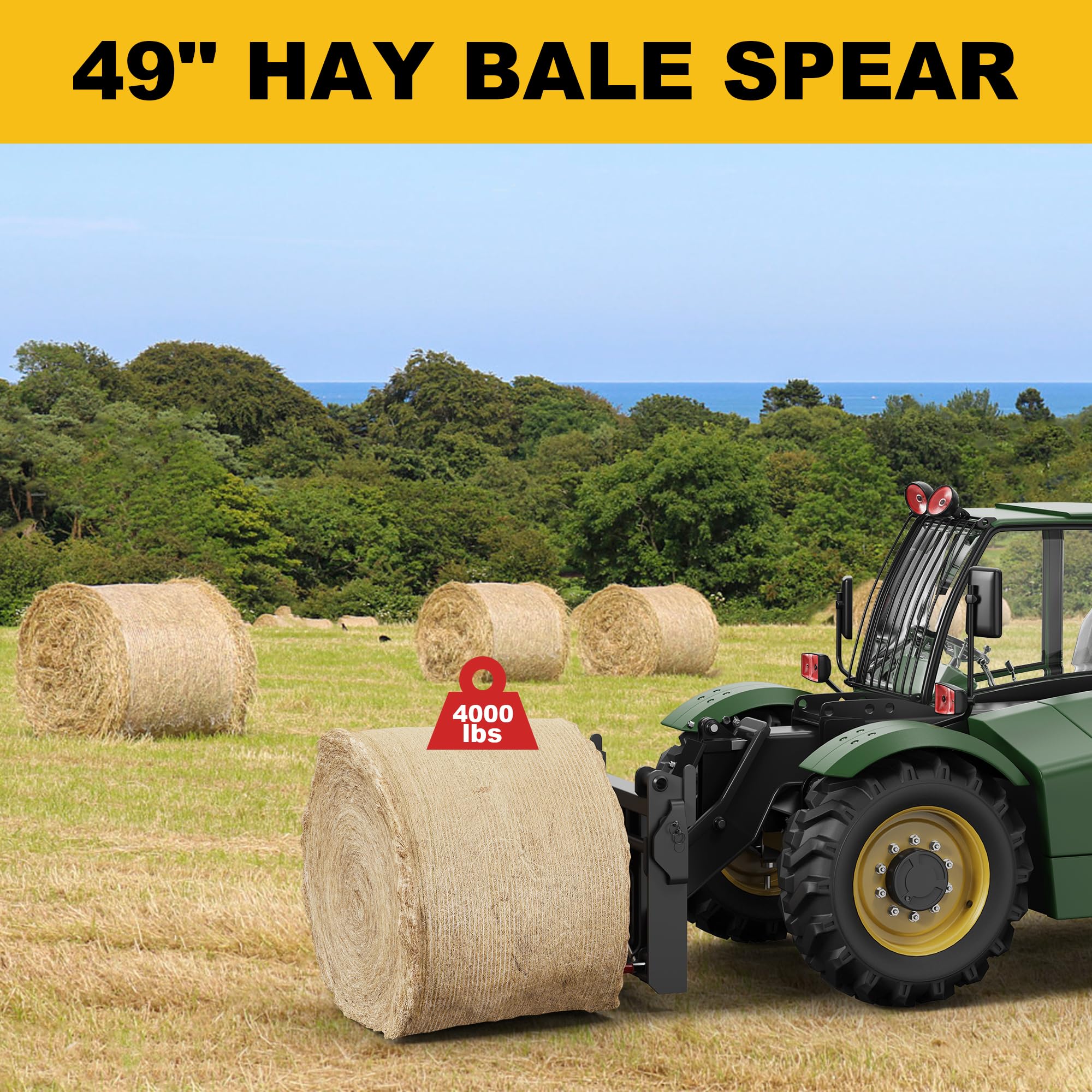 Garvee 49" Hay Spear Bale Spear, 4500lbs Capacity Heavy Duty Quick Attach Square Hay Bale Spears 1 3/4" Wide, Hay Bale Spike with Hex Nut & Sleeve, for Buckets Tractors Loaders