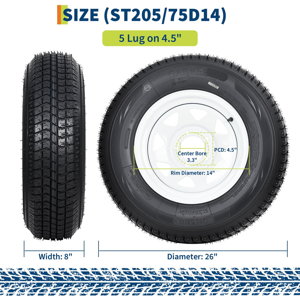 Garvee ST205/75D14 Trailer Tire and Wheel Assembly, Heavy-Duty Load Range C 6PR, 5 Lug White Modular Wheel, 14 Inch Tires for Utility and Boat Trailers, Set of 2