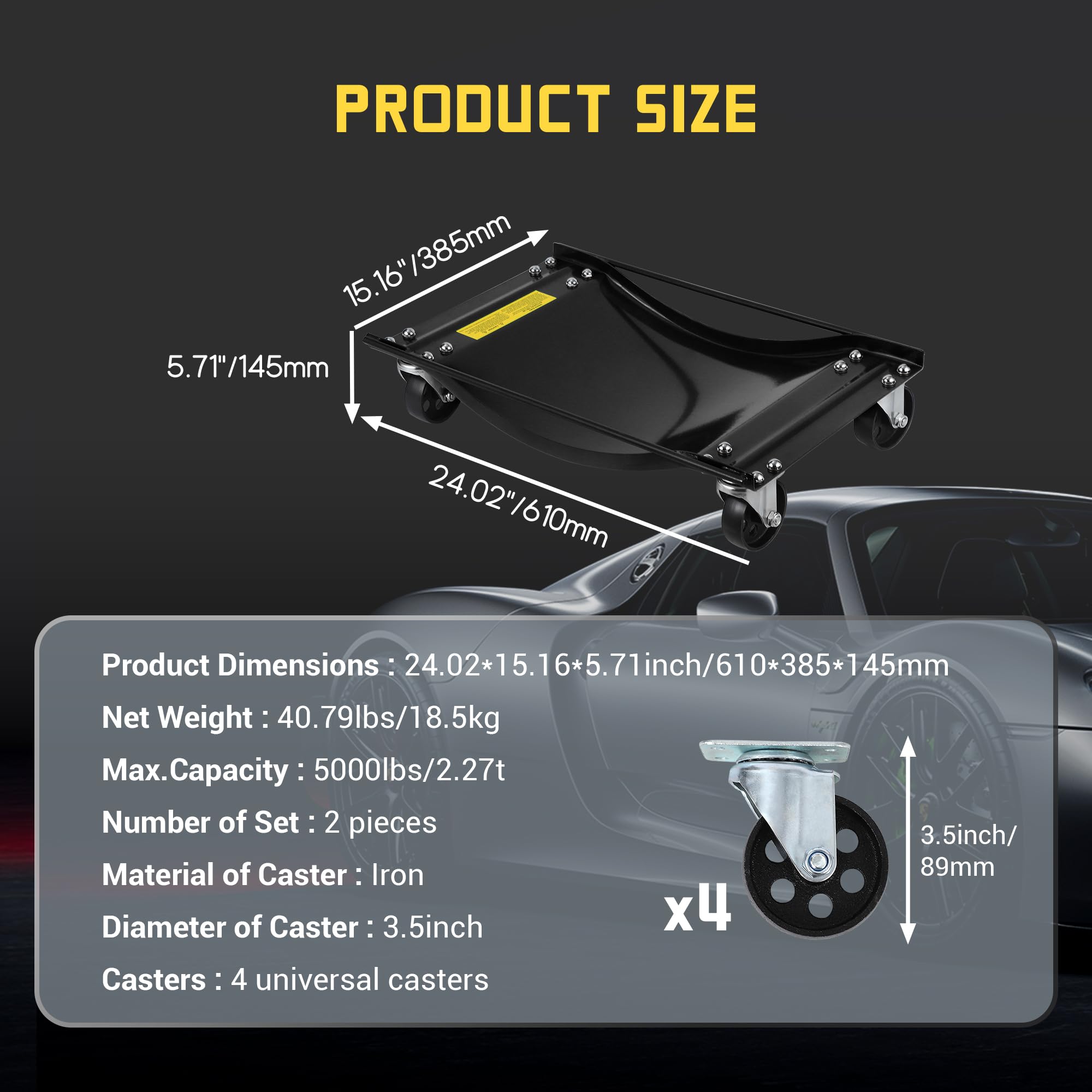 Garvee Heavy-Duty Car Dolly Set of 2 - 10000 lbs Capacity with 3.5" Steel Wheels, 24"x15" Universal Fit Vehicle Dollies for SUVs, Trucks & Fleet Vehicles, Steel Construction w/Side Rails & 4 Swivel Casters, Black