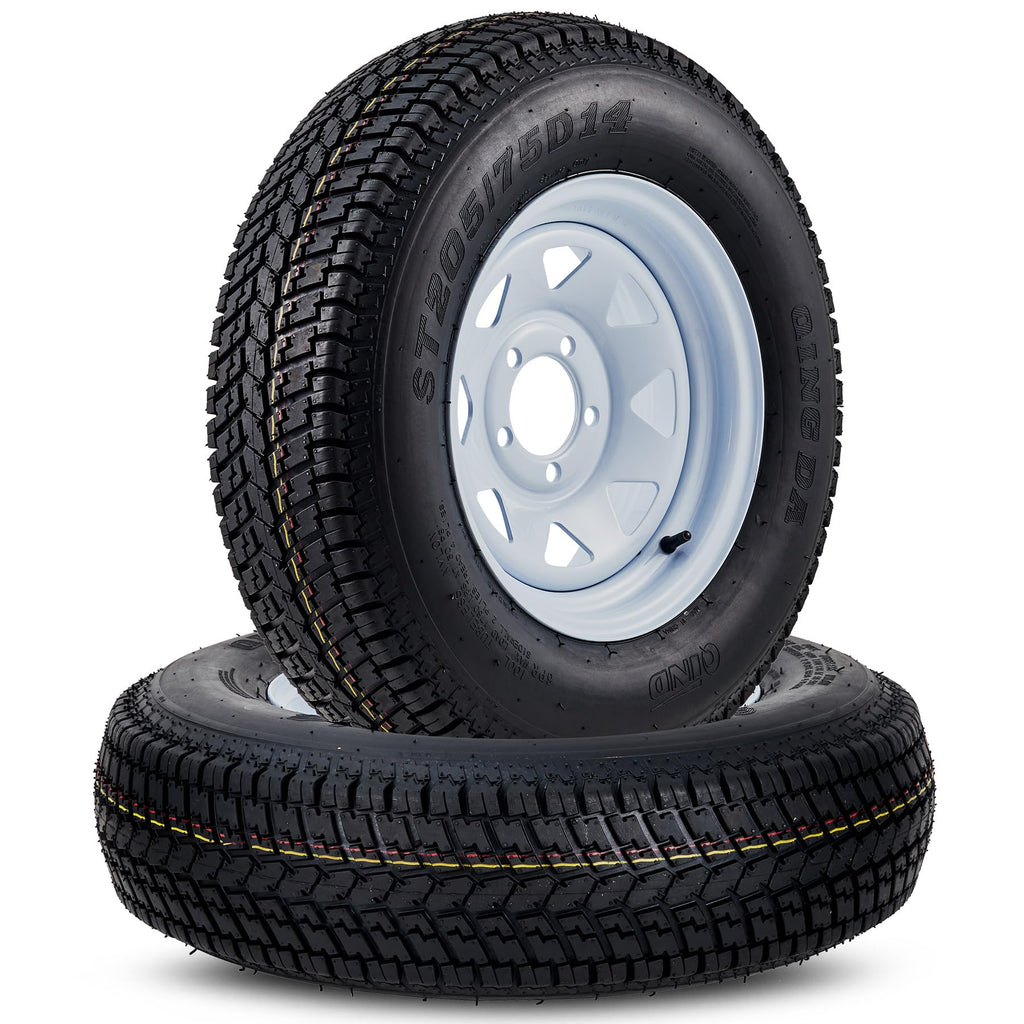 Garvee ST205/75D14 Trailer Tires, Set of 2, Load Range C 6PLY, 14" White Spoke Rims, Max Load 1760 LBS, 5 Lug on 4.5", Durable All-Terrain Design for Utility & Boat Trailers