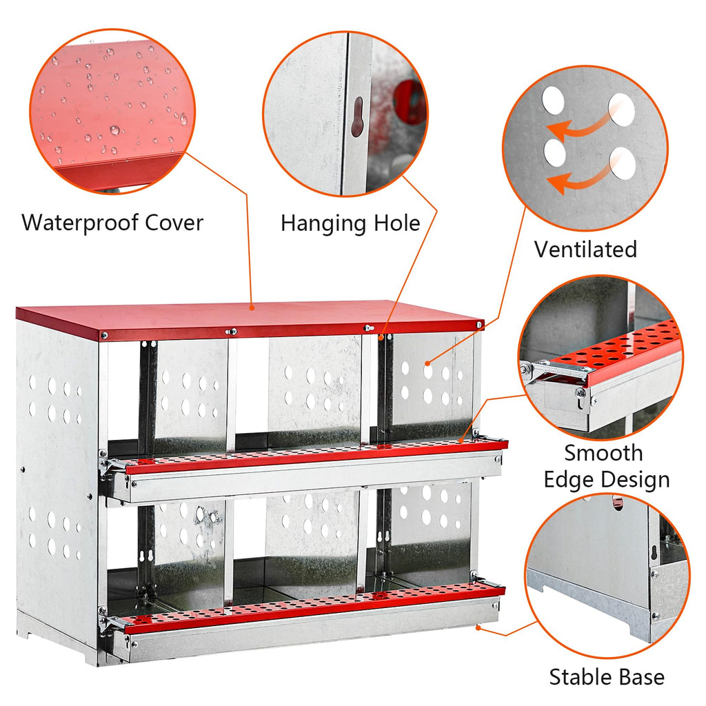 Garvee Nesting Boxes for Chickens, 6 Compartment Roll Out Away Chicken Nesting Boxes for Laying Eggs, Nesting Gift Boxes for Hens Duck Poultry, Metal Heavy Duty Chicken Coop with Perch