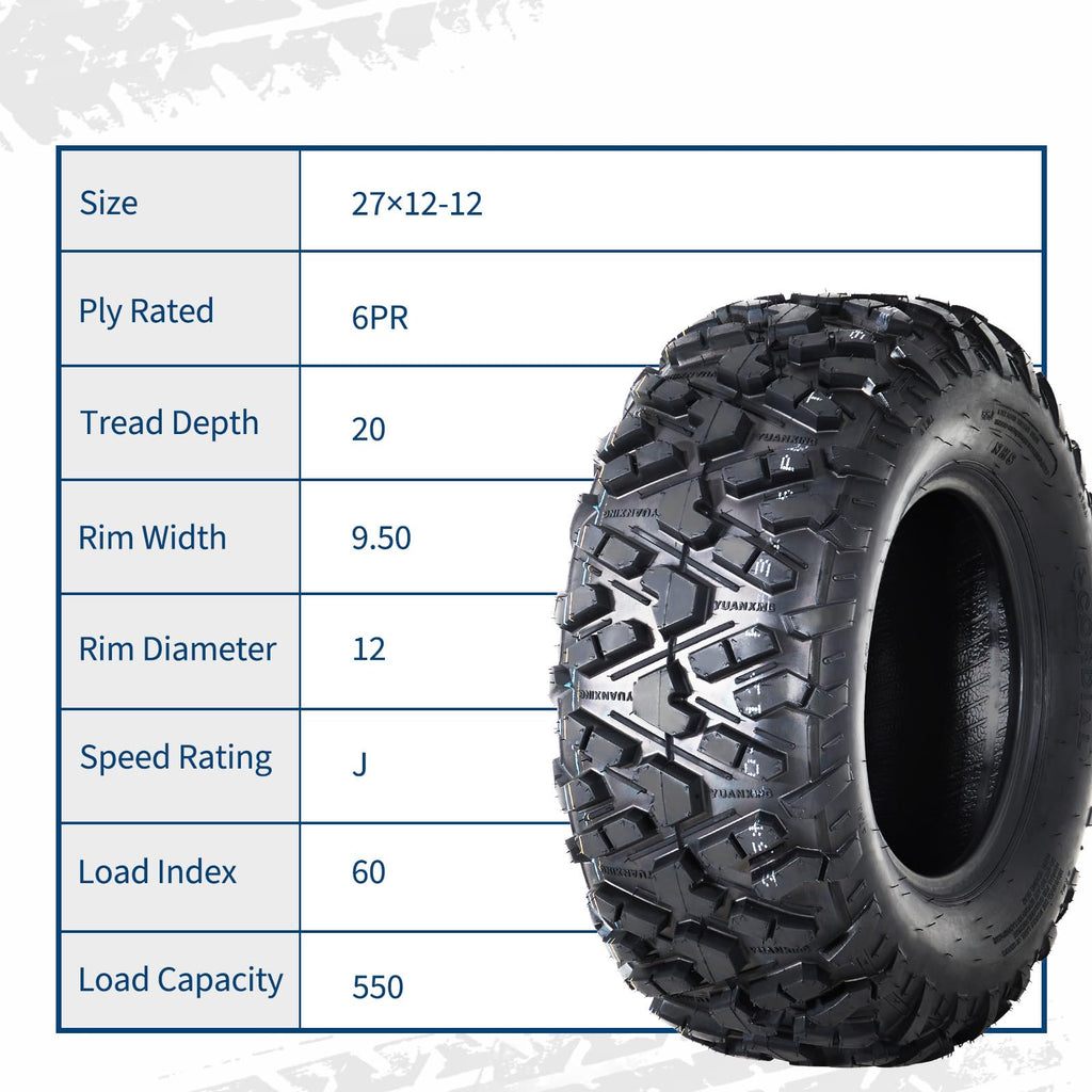 Garvee 27x12-12 ATV Tires (Set of 2) - 6PR Tubeless Heavy-Duty All-Terrain Tires for ATV/UTV, Ideal for Mud, Sand, Dirt, Snow, & Off-Road