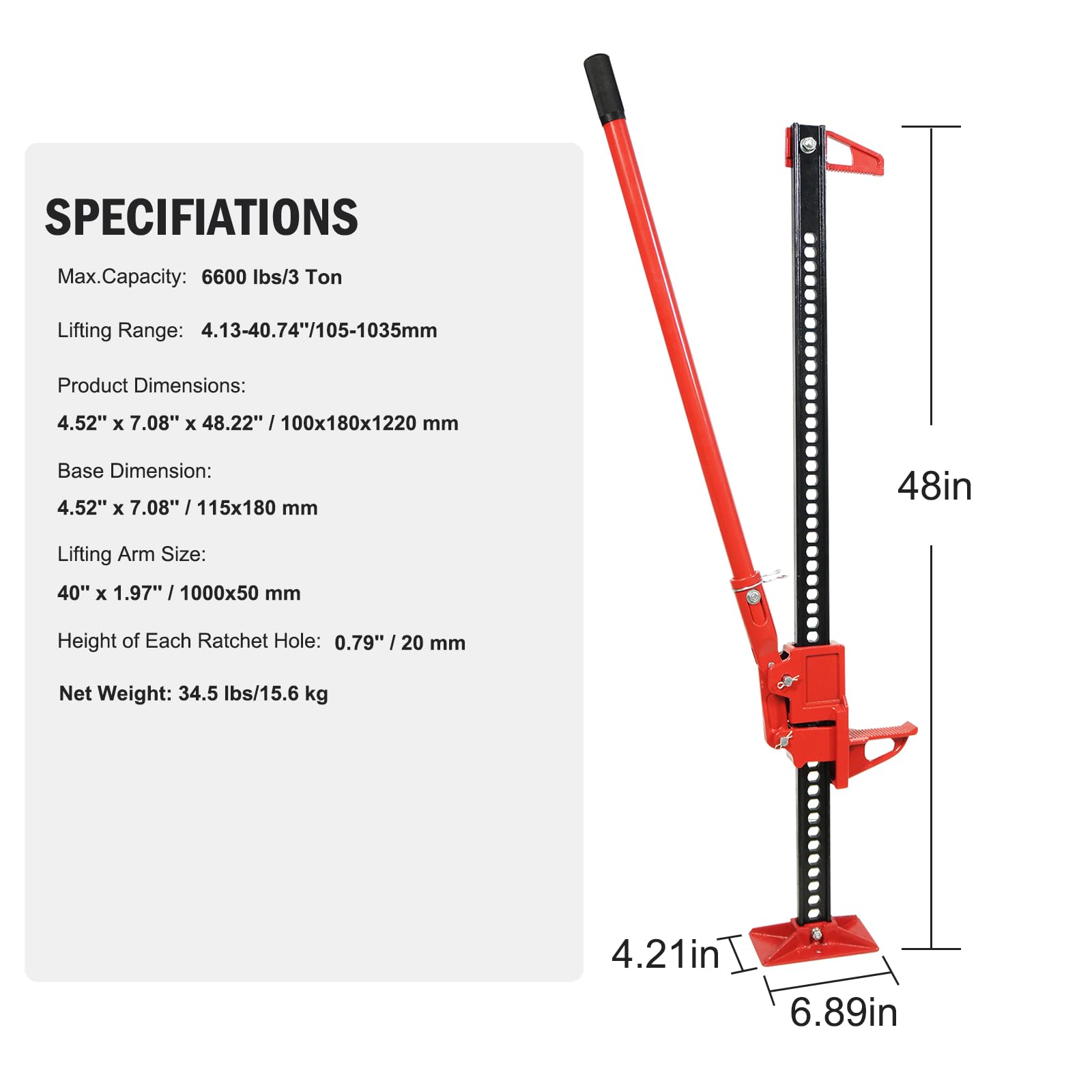 Garvee 3 Ton Farm Jack, 48" Utility Farm Jack, 6600 Lbs Capacity Ratcheting Off Road Utility Jack, Heavy-Duty Farm Jack Foratv, Utv, SUV, Tractor, Truck, Universal Jack