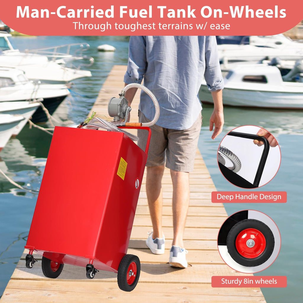 Garvee 35-Gallon Fuel Caddy - Manual Transfer Pump with 8ft hose Fueling Nozzle and 360° Swivel Connector, 4-Wheel Design for Gasoline and Diesel, Ideal for Cars, Lawn Mowers, and Boats, Red