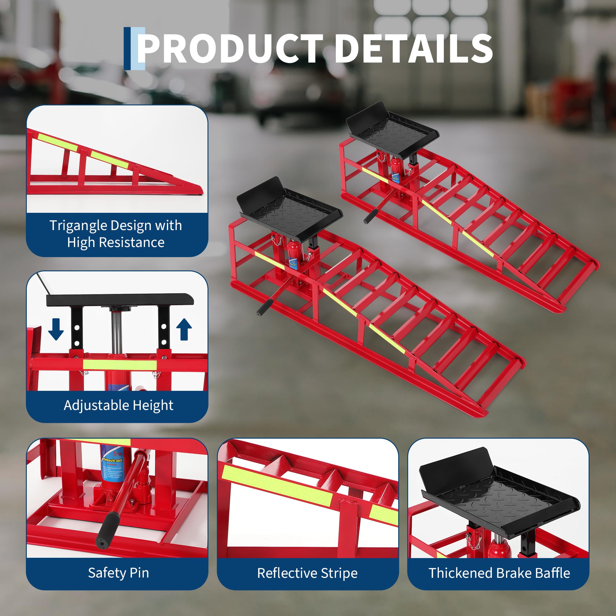 Garvee 5-Ton Hydraulic Car Ramps - Heavy-Duty Vehicle Lift with Reflective Strips for Night Use, Adjustable Height from 9.8" to 15", Portable Auto Service Ramps for Oil Changes and Truck Maintenance in Garage