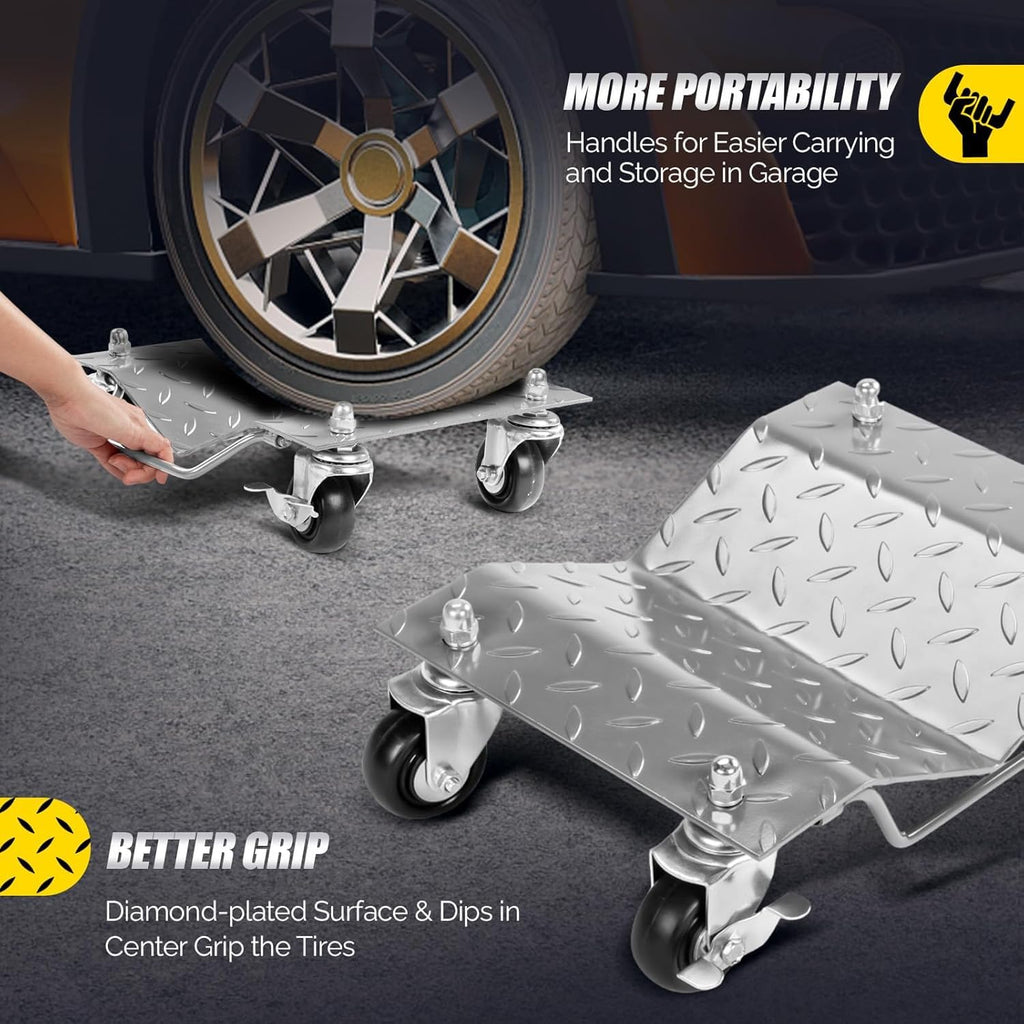 Garvee 4 Items 4 Tire Wheel Dolly Car, Premium Manganese Steel, 6000 Lbs Capacity, Heavy Duty, Antiskid & Recessed Design, 360° Rotatable Wheels, Silver