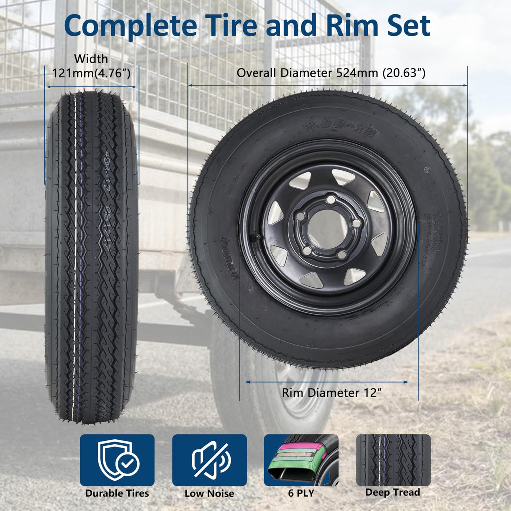 Garvee 4.80-12 Trailer Tires with 12 in Rims, 5 Lug, Load Range C, Multi-Function Lawn Mower & Tractor Tires, Black, 2 Pack