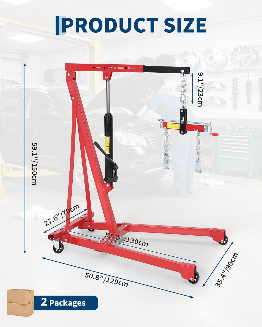 Garvee Portable Hydraulic Engine Hoist, 1.5 Ton (3000 LBS) Capacity Shop Crane with Telescopic Boom & 4 Swivel Casters, Cherry Picker Lift for Home Garage, Auto Repair, and Warehouse Use, Heavy-Duty, Red