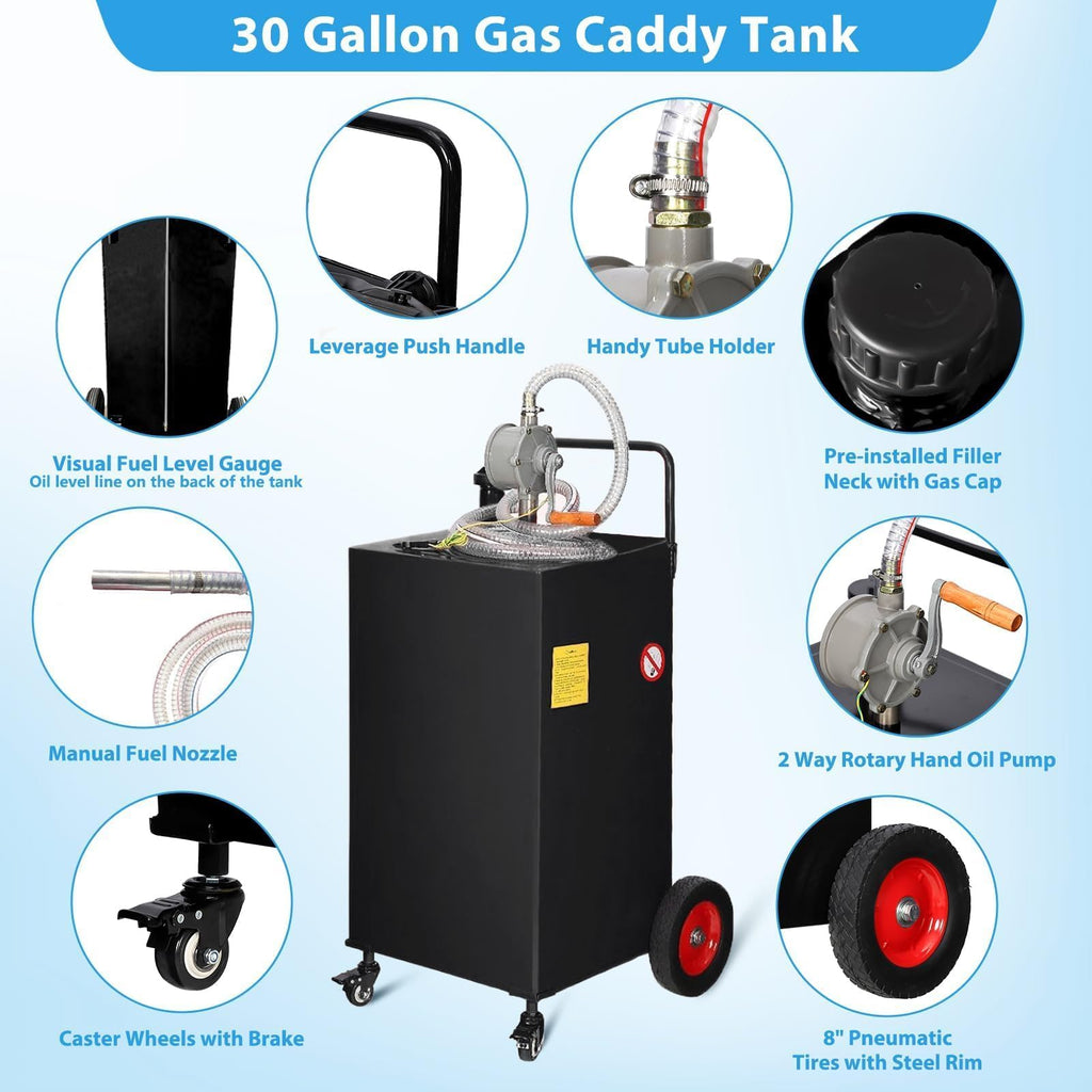 Garvee 30 Gallon Fuel Gas Caddy with 8 Inch Wheels Siphon Pump, Manual Nozzle 360° Swivel Connector, Portable for Car Mower Tractor Boat Motorcycle, Black