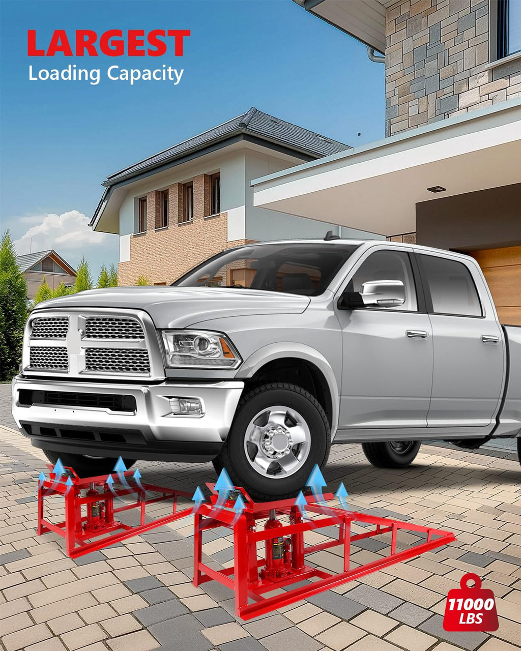 Garvee Hydraulic Car Ramps - 5T Capacity, Adjustable Height (9.3"-14"), Steel with Anti-Slip Plate, Ring Chain Bolt for Cars, SUVs, and Light Trucks, Red