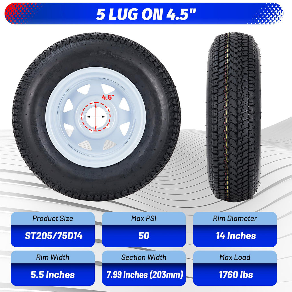 Garvee ST205/75D14 Trailer Tires, Set of 2, Load Range C 6PLY, 14" White Spoke Rims, Max Load 1760 LBS, 5 Lug on 4.5", Durable All-Terrain Design for Utility & Boat Trailers