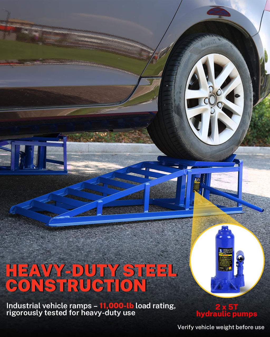 Garvee Hydraulic Car Ramps - 5T/11,000 lbs Heavy-Duty Steel, Adjustable Height 9.3"-14", Low-Profile, Anti-Slip Design for Garage Repair, 2 Pack, Blue