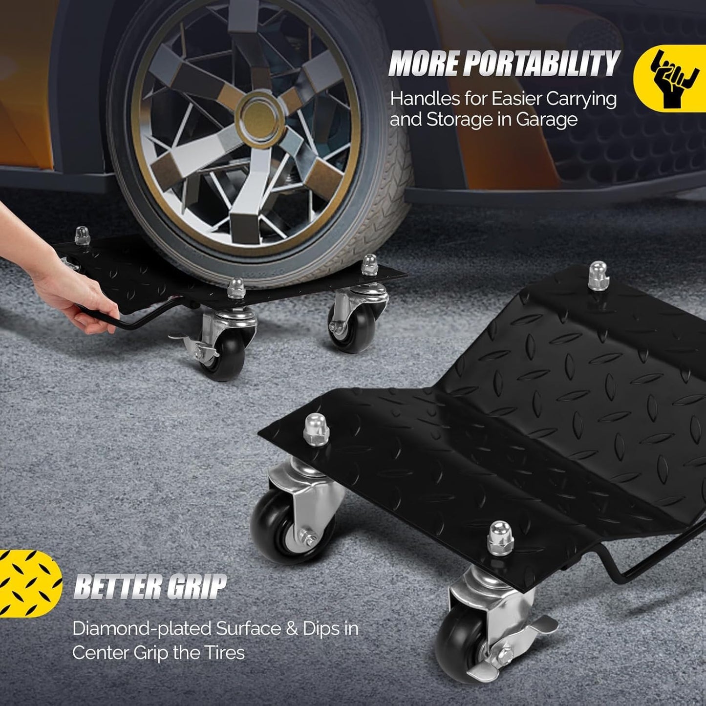 Garvee Car Dolly Set of 2, 3000LBS Capacity Wheel Dolly, Heavy Duty Vehicle Dolly Upgraded, Steel Tire Skates with Brakes, 2pcs