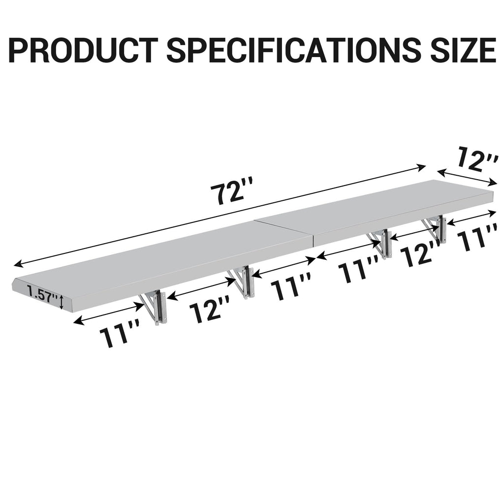 Garvee Folding Concession Shelf 72" x 12" - 304 Stainless Steel, Wall Mount, Drop Down, for Food Truck, BBQ, Restaurant