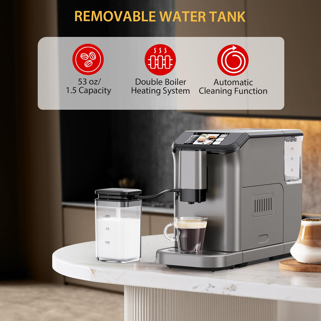 Garvee 20 - Bar Fully Automatic Espresso Machine - Touch Screen, Built - in Frother, Milk Container (Grey)