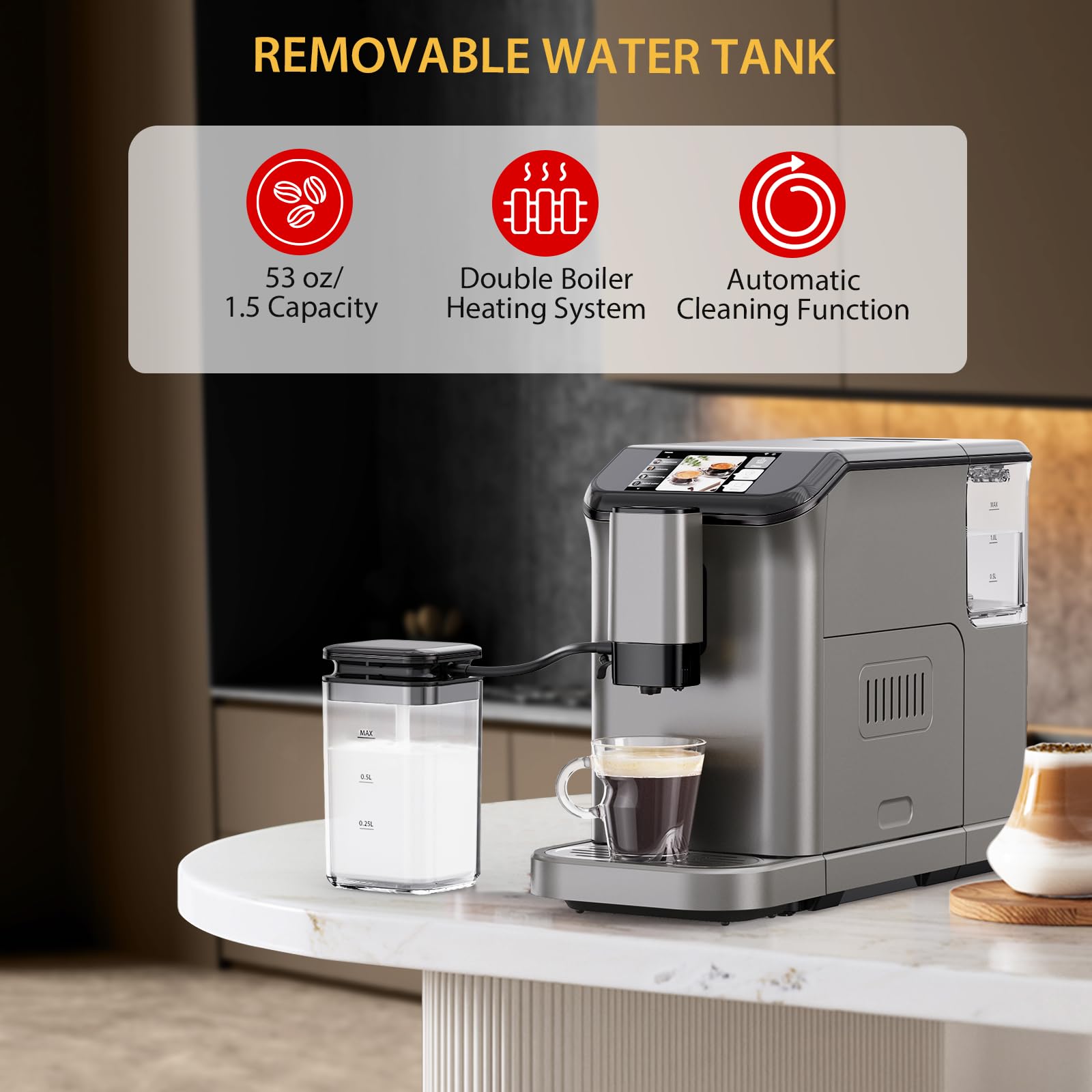 Garvee 20 - Bar Fully Automatic Espresso Machine - Touch Screen, Built - in Frother, Milk Container (Grey)
